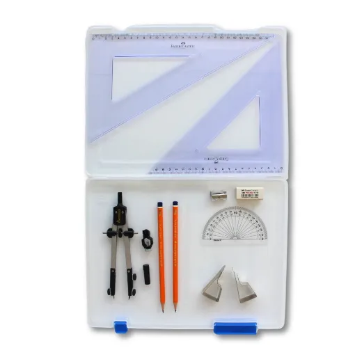 Picture of Tuff Box with Pen Holder Compass, Clips & Faber Castell Set Square