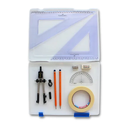 Picture of Tuff Box with Pen Holder Compass, Tape & Faber Castell Set Square