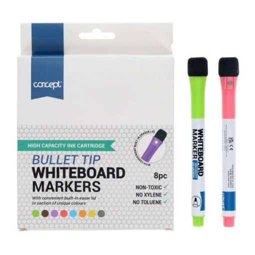 Picture of Concept Bullet Tip Whiteboard Markers With Eraser Lid 8 Pack