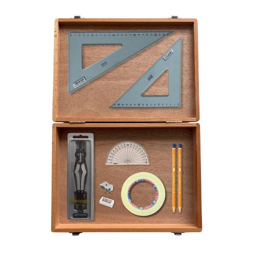 Picture of Wooden Box with 2 Part Compass, Tape & Uni Set Square