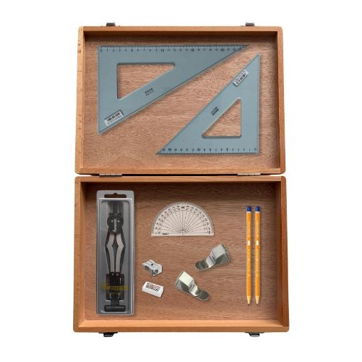 Picture of Wooden Box with 2 Part Compass, Clips & Uni Set Square