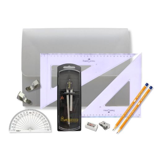 Picture of PolyBox Clutch Pencil Compass, with Clips & Faber Castell Set Square
