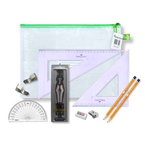 Picture of Pouch Bag with 2 Part Compass, Clips & Faber Castell Square