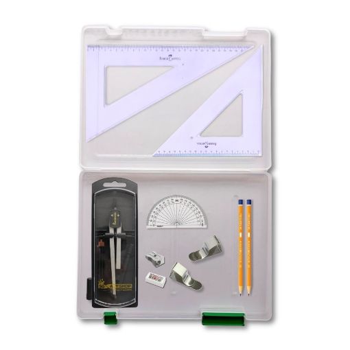 Picture of Tuff Box with Clutch Pencil Compass, Clips & Faber Castell Set Square