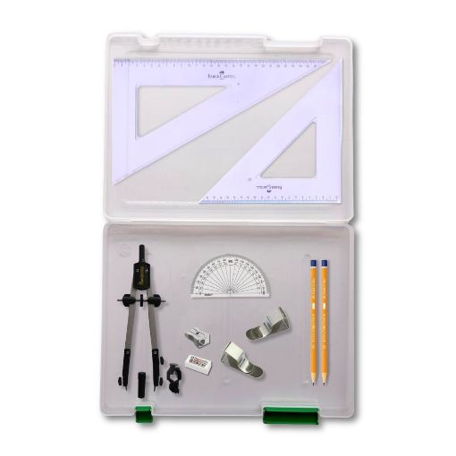 Picture of Tuff Box with Pen Holder Compass, Clips & Faber Castell Set Square
