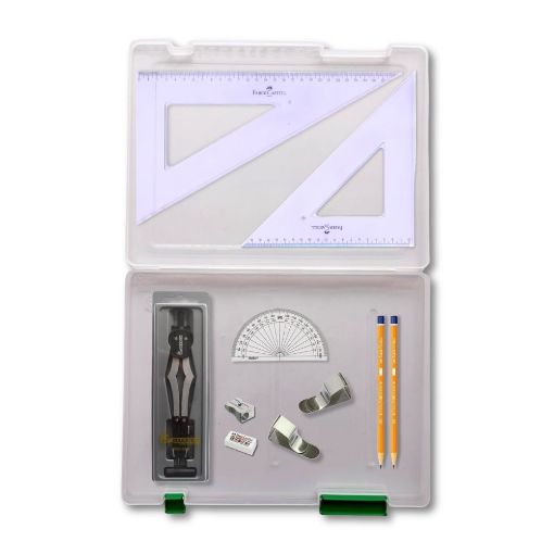 Picture of Tuff Box with 2 Part Compass, Clips & Faber Castell Set Square