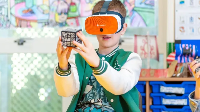 Student using a ClassVR Xplorer headset with front-facing camera